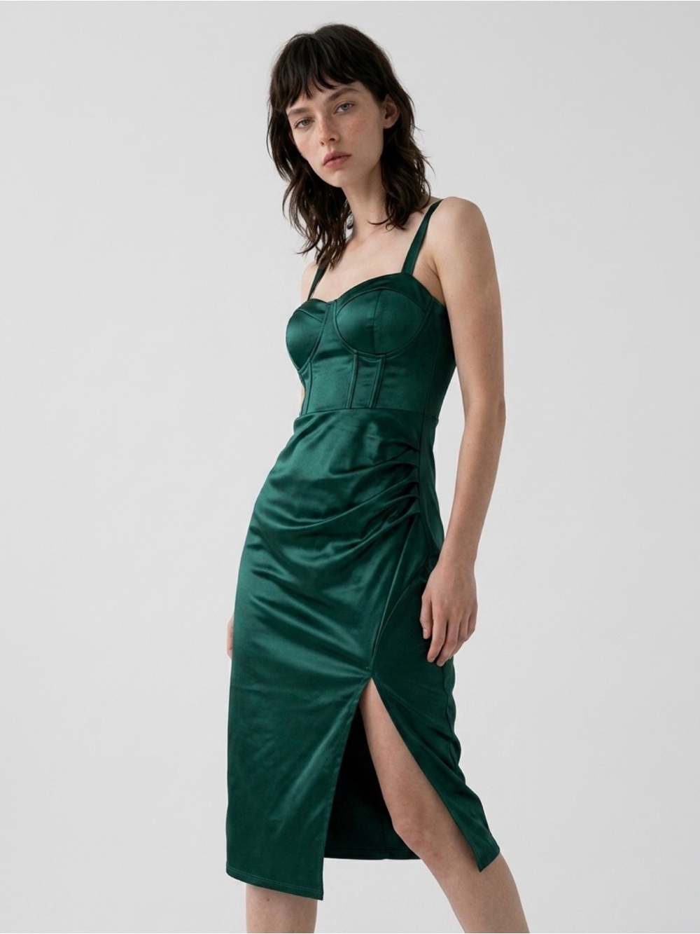 ✨ Inspired Hearts Emerald Green Satin Midi Dress